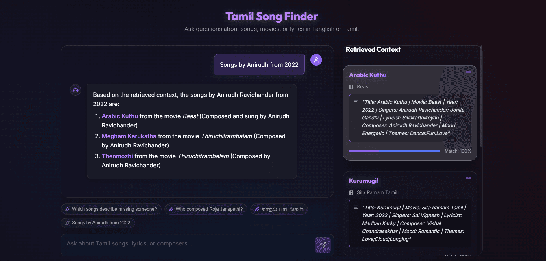 Semantic RAG Search Engine for Tamil Lyrics